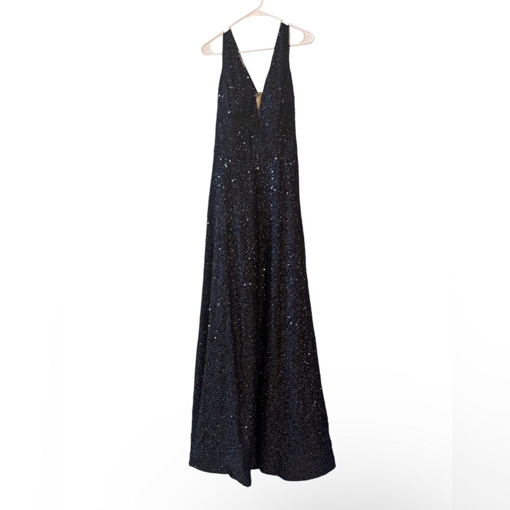 NWT Black Sequin Maxi Dress Open Back Tie Glam Formal Party Gown Size 12